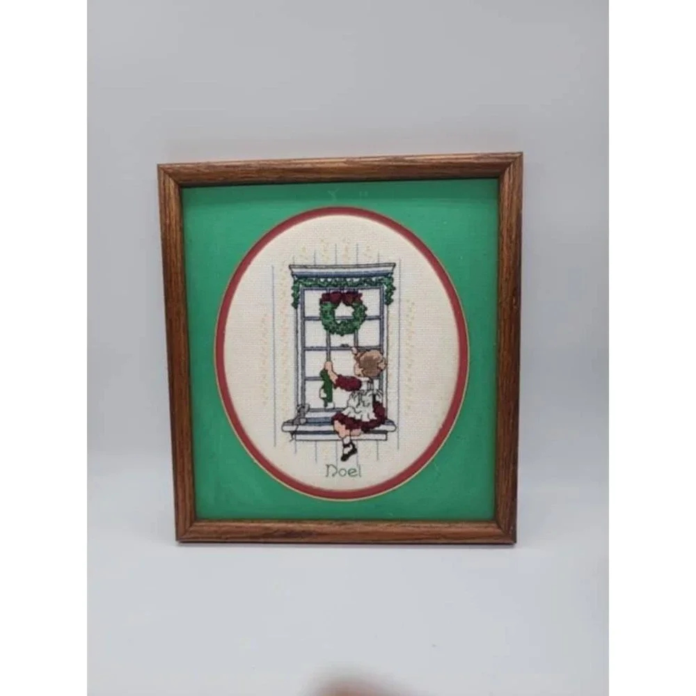 Vintage Christmas Cross Stitch Framed Wall Art Noel Girl in Window Wood Frame
